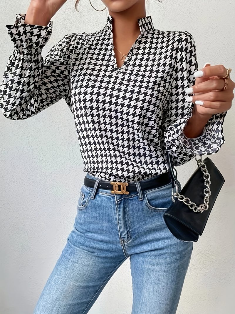 Camicia Elegante a Quadri con Scollo a V e Maniche Lunghe