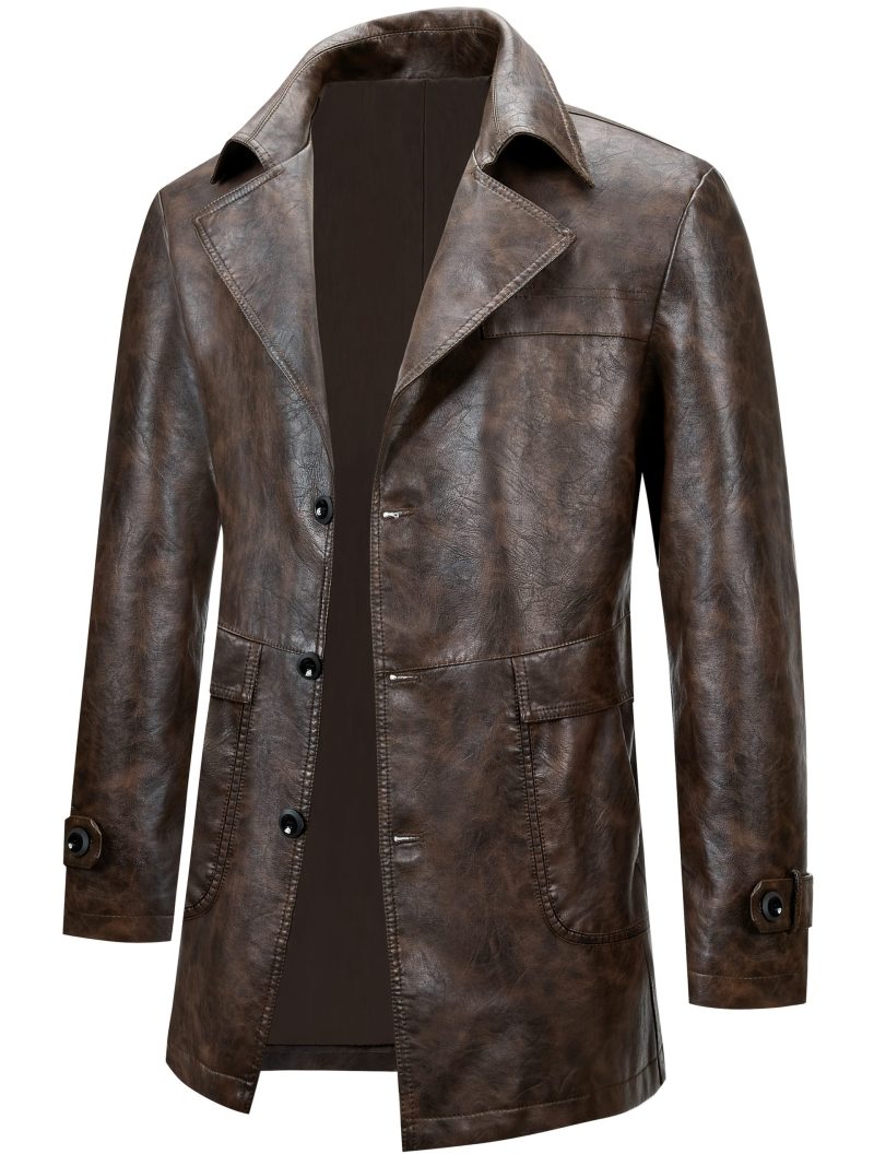 Cappotto da uomo a mezza lunghezza con risvolto monopetto, giacca vintage casual in PU