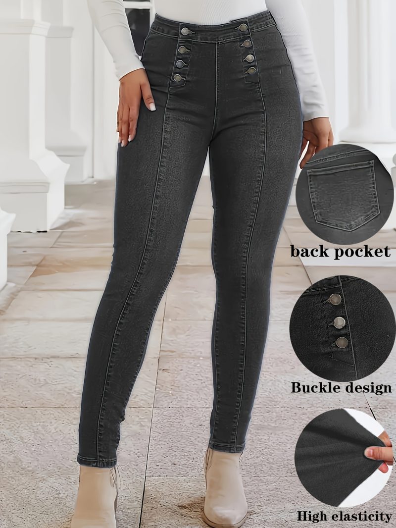 Jeans skinny da donna elasticizzati con tecnica di divisione a doppia spallina con bottoni