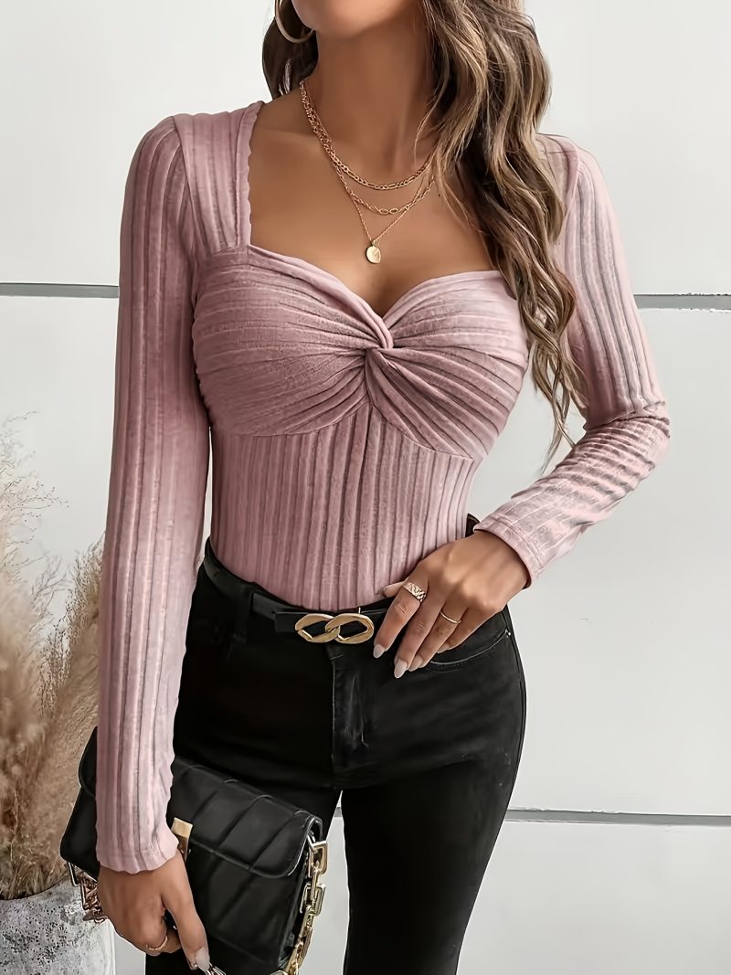 Maglia Donna a Manica Lunga Monocolore, Top Elegante con Pieghe