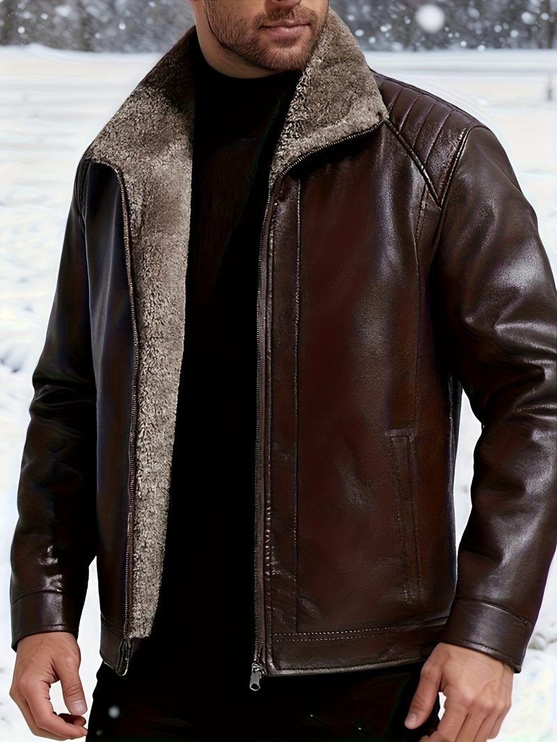 Giacca in pelle PU con pelliccia al collo, giacca casual nera e marrone con zip