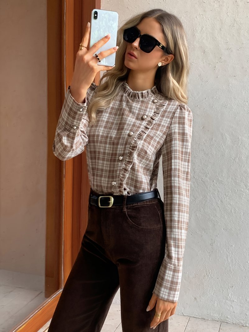 Camicia elegante a maniche lunghe in velluto di seta a quadri