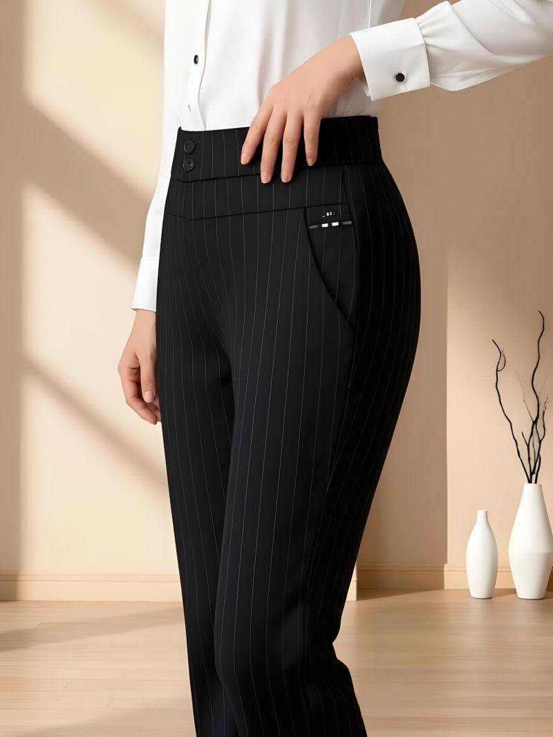 Pantaloni da Donna alla Moda Neri a Righe con Dettagli Dorati