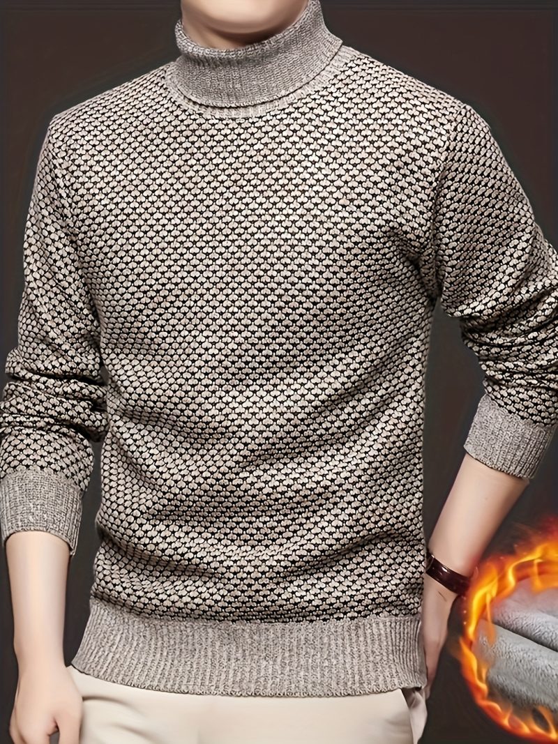Maglione da uomo autunnale in maglia jacquard con collo alto, elegante e foderato in pile