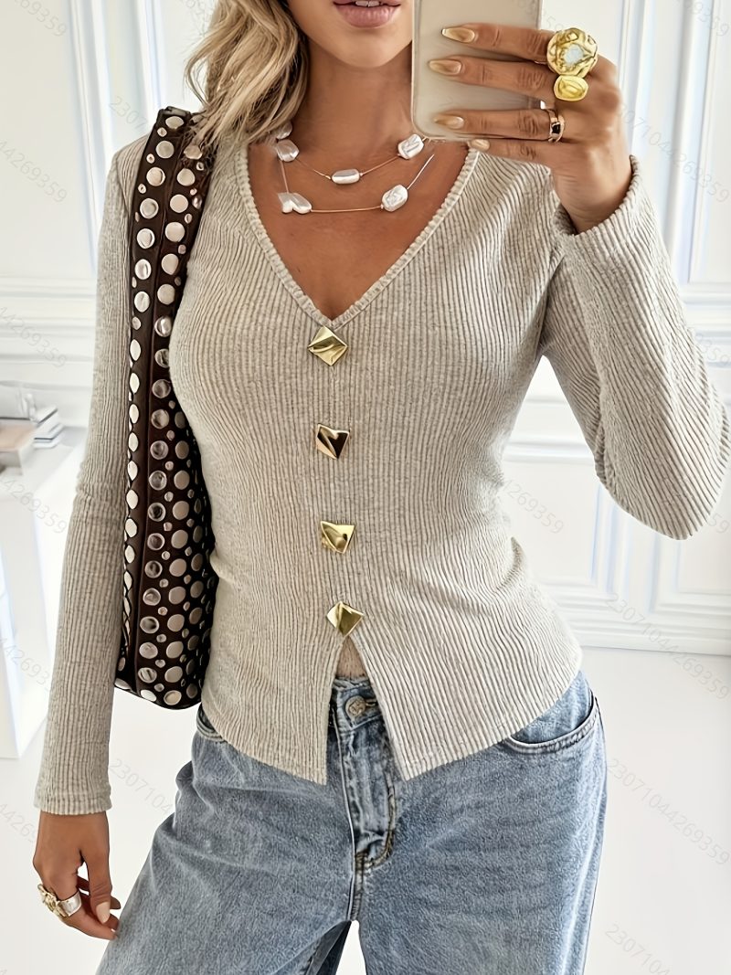 Maglia T-shirt aderente da donna con scollo a V,