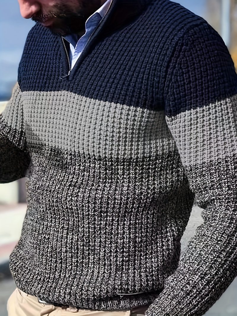 Maglione Uomo Mezza Zip Collo Rivoltato a Blocchi di Colore Casual