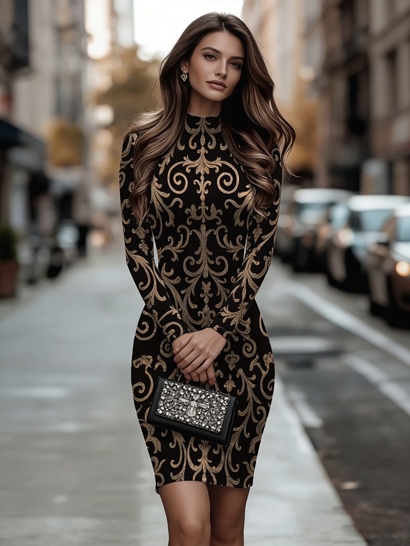 Abito Elegante e Sexy Midi Bodycon a Maniche Lunghe e Girovita Stretto