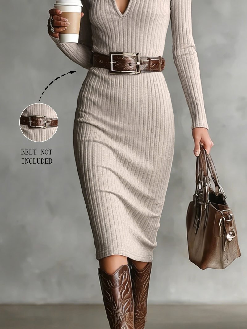 Abito Elegante midi a maniche lunghe con scollo a V