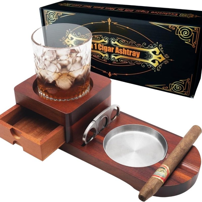 Portasigari in Legno di Acacia con Posacenere Rimovibile, Portabicchieri, Cassetto