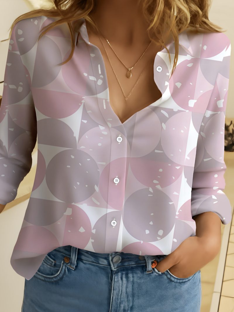 Camicia da donna a maniche lunghe con stampa geometrica e elementi circolari