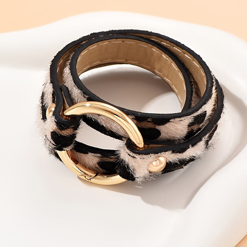 Bracciale a Forma di Anello in Pelle PU Leopardo Multistrato,