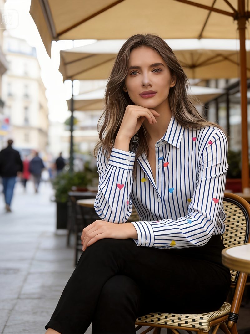 Camicia a cuore a righe verticali versatile con bottoni alla moda,