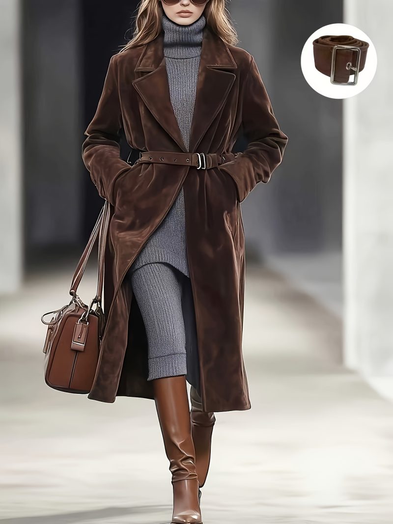 Cappotto Midi Vintage Color Cioccolato con Cintura - Blazer Ampio Adatto per Ufficio,