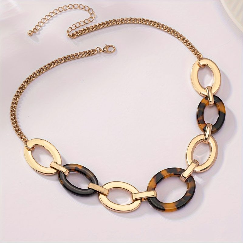 Collana Ovale Donna in Stile Bohémien con Stampa Leopardata e Patchwork