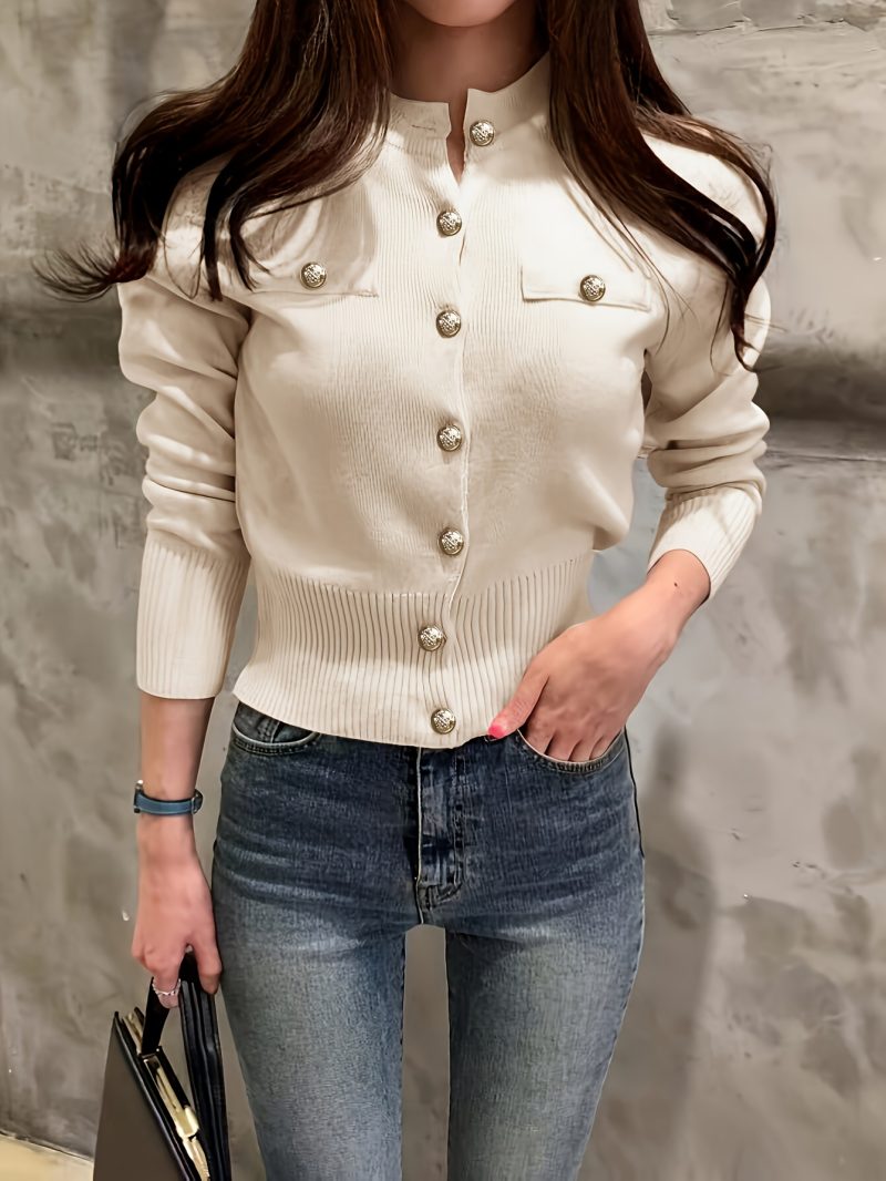 Nuova Moda Elegante Cardigan a Maniche Lunghe Monocolore Stile Classico Slim-Fit con Bottoni Dorati