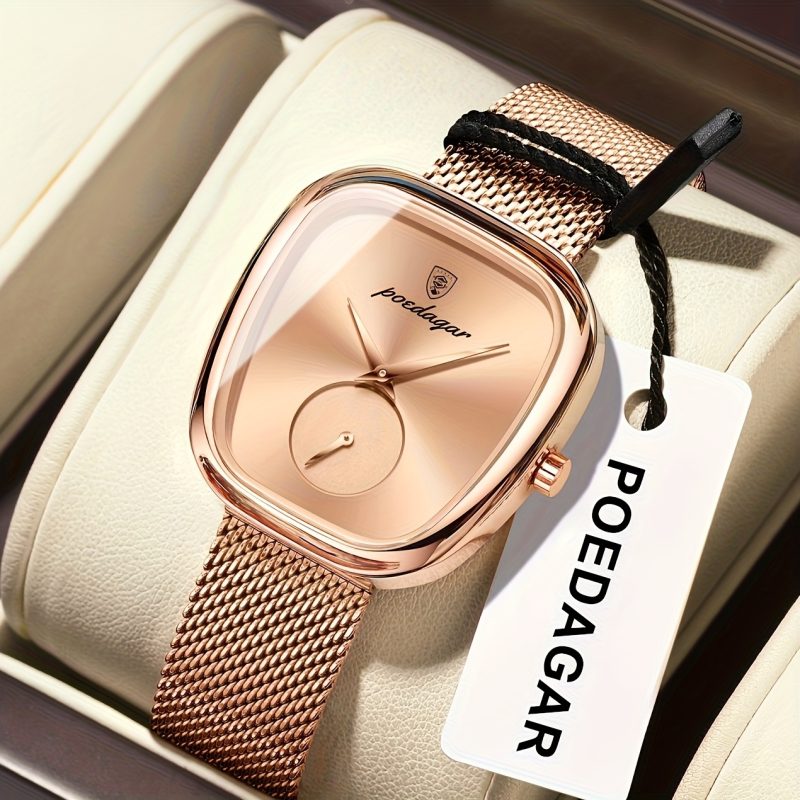 POEDAGAR Orologio Elegante Quadrato Rosa - Cinturino in Acciaio Inossidabile