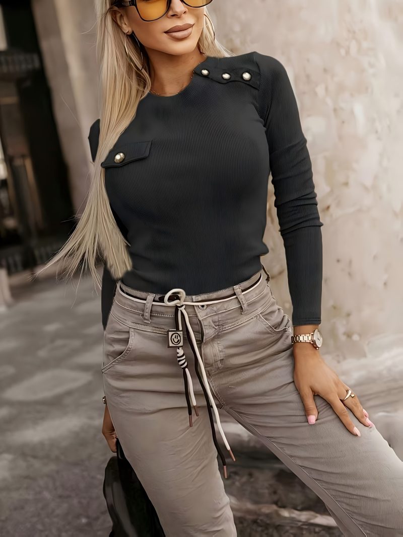 Maglia Nuovo Top Autunnale da Donna Nero con Scollo Rotondo,