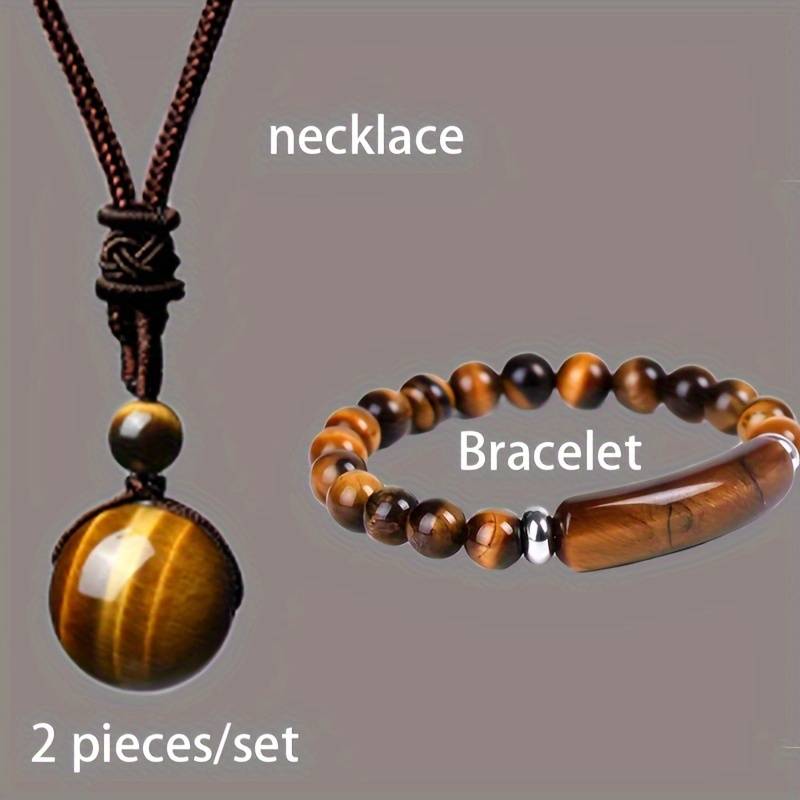Set 2 pz.collana con pendente in pietra naturale occhio di tigre rotondo, unisex