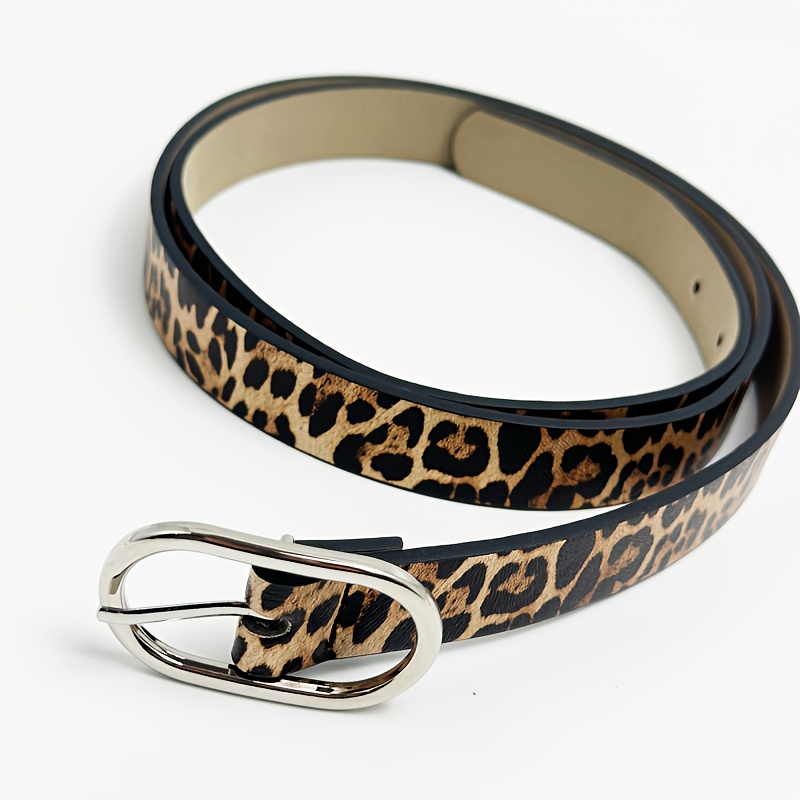 Cintura da donna con fibbia lunga, motivo leopardato ovale argentato, adatta per abiti, jeans e gonne, utilizzabile in tutte le stagioni