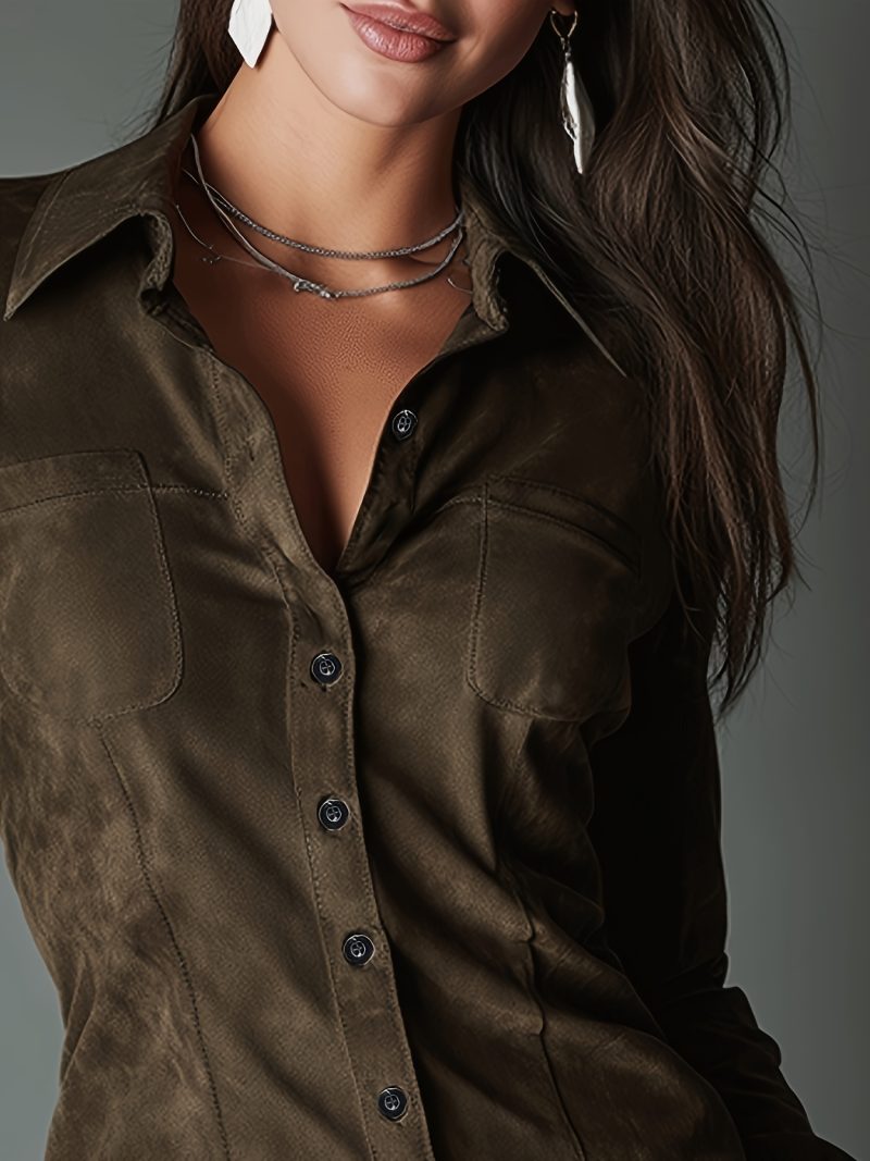 Camicia Donna Slim-Fit in Tessuto Suede Effetto Oliva ZLLZ