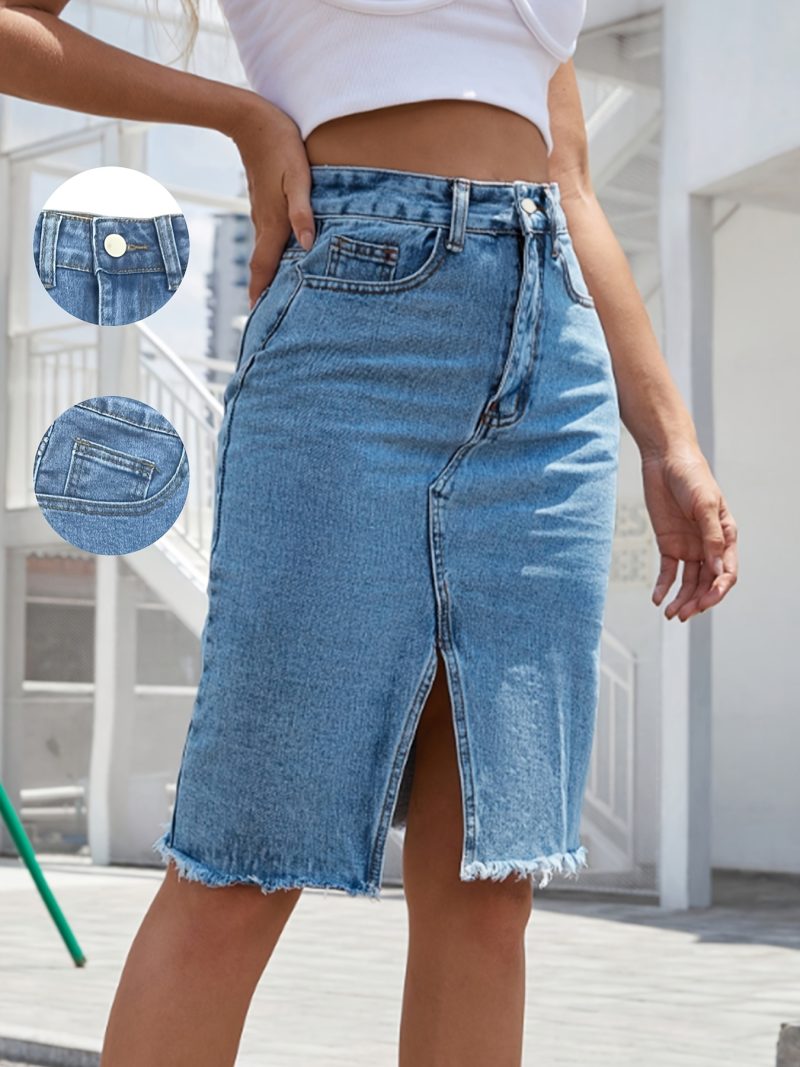 Gonna in denim a vita alta, gonna midi da donna, elasticizzata