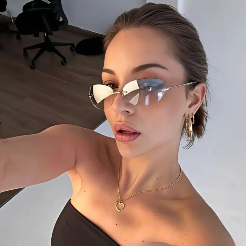 Occhiali ovali senza montatura in stile retro Y2K con cerniere in metallo, comodi, ultraleggeri e accessori estivi oversize