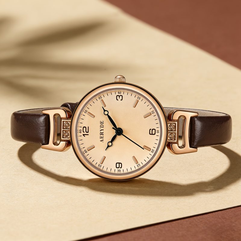 Orologio da Polso | Quadrante Champagne Oro con Lancette e Punti Orario Neri, Cassa e Connettori in Oro Rosa, Cinturino in Pelle Marrone Scuro, 3ATM, Movimento al Quarzo