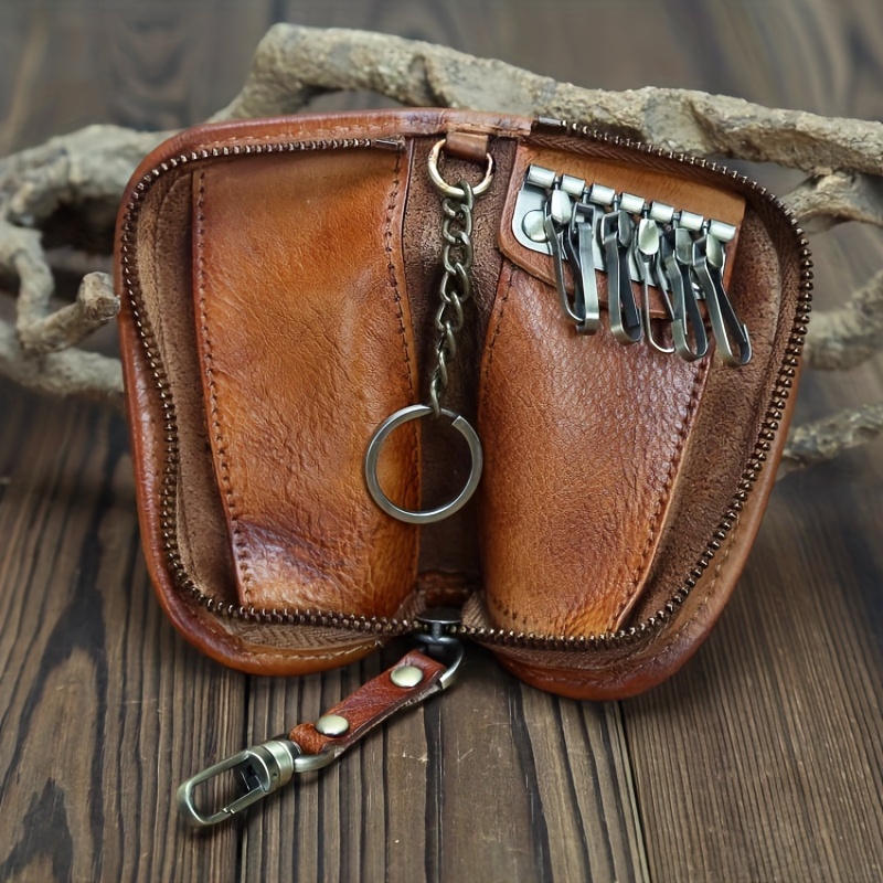 Portachiavi Uomo in Pelle Vintage Conciatura Vegetale, Portacarte in Pelle Genuina Fatta a Mano
