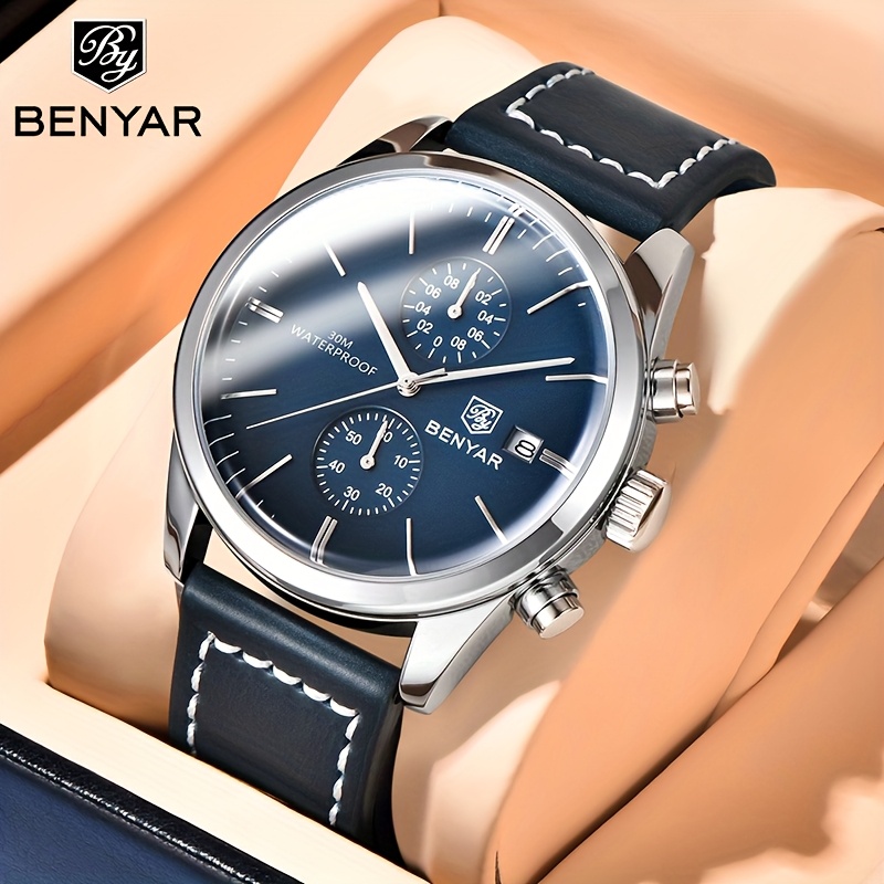 Orologio da uomo BENYAR al quarzo con cinturino in pelle PU, cronografo,