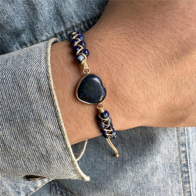 Bracciale con pendente a cuore stile vintage, bracciale regolabile in lapislazzuli