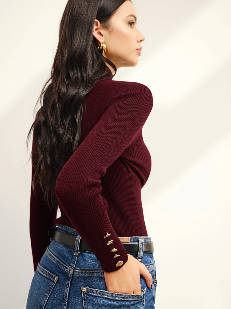Maglia da donna autunno/inverno con colletto alto, top slim fit con eleganti bottoni