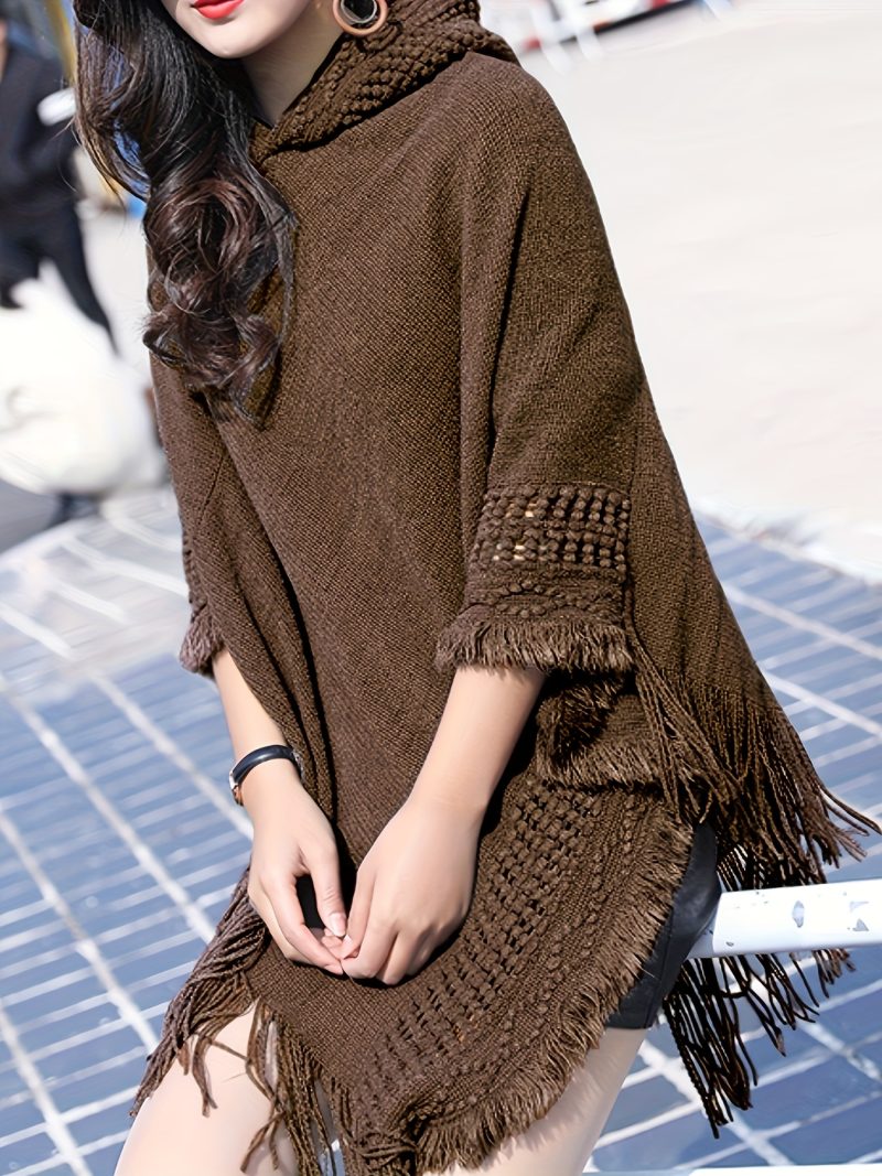 Mantella Nuovo Cappuccio da Donna a Tinta Unita con Frange e Fori, Largo Pullover