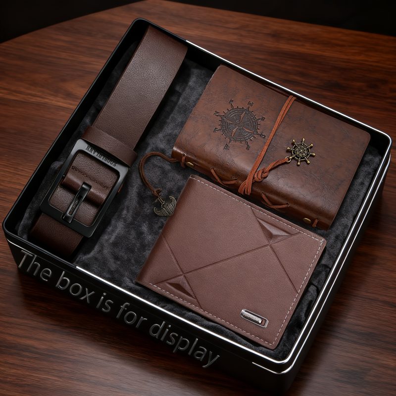 Set da uomo di portafoglio, cintura e quaderno color marrone, con portafoglio di alta gamma,