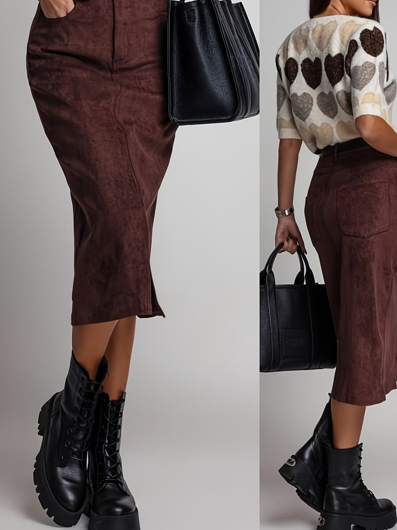 Gonna Elegante Marrone con Spacco a Mezza Lunghezza per Donna NS702