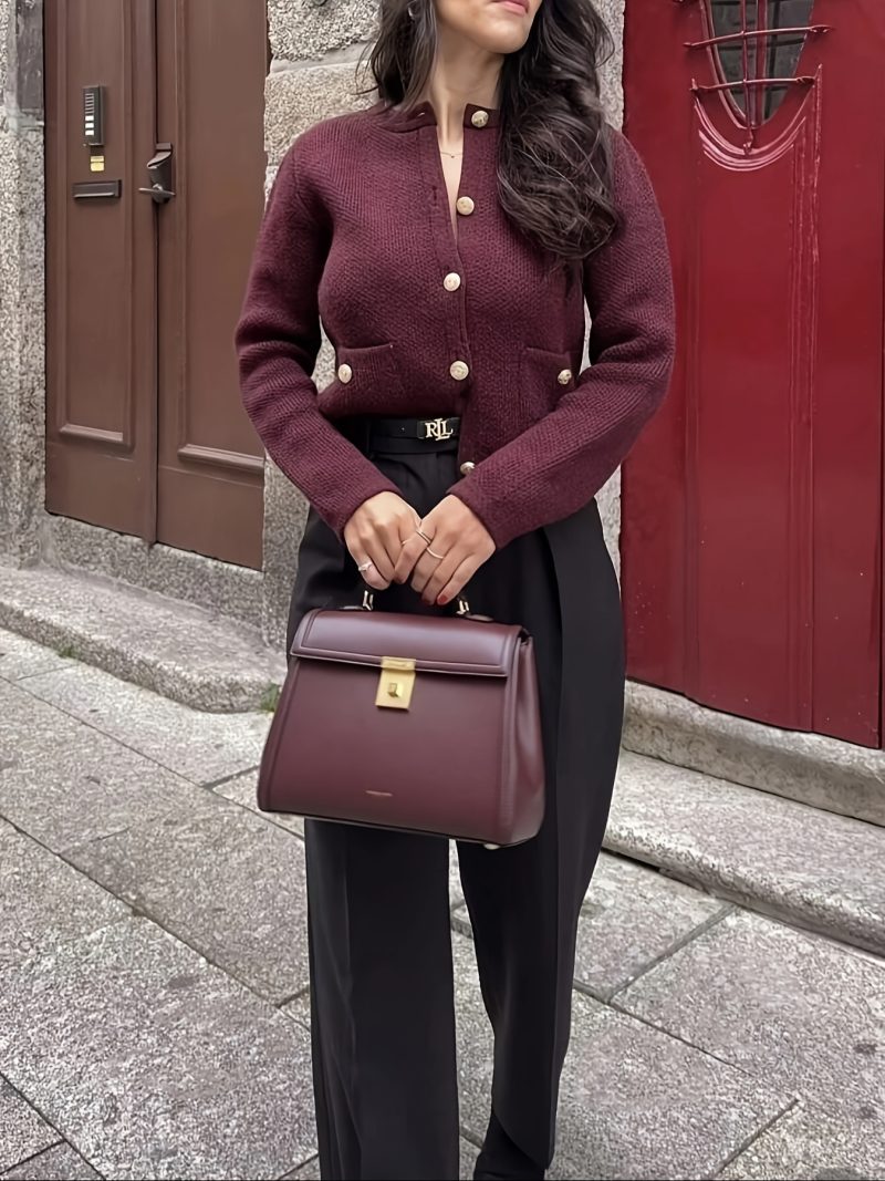 Cardigan Elegante Donna ZD0415104, Manica Lunga, Scollo Tondo, Colore Borgogna,