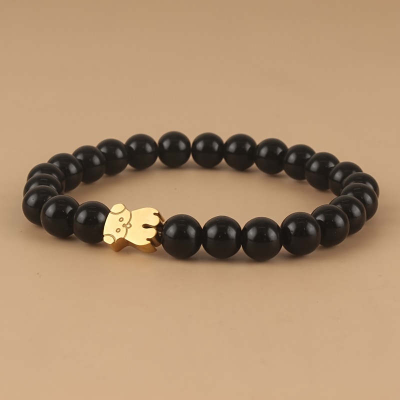 Bracciale con Perle di Ossidiana Nera e Ciondolo Cane Carino,