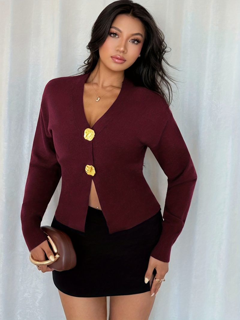 Cardigan Donna con Scollo a V, Minimalista e Casual, Dettaglio Bottoni, Maniche