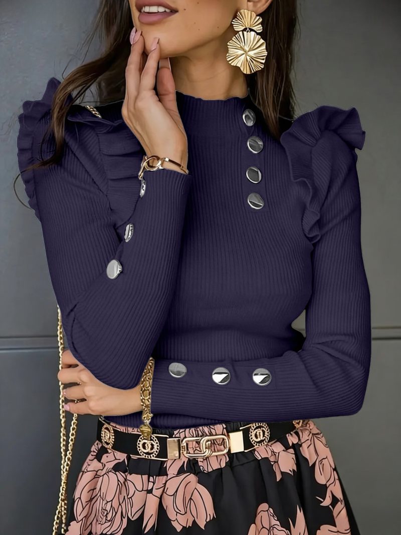 Maglione Top Sottile a Costine da Donna con Polsini a Balze e Dettagli a Bottoni