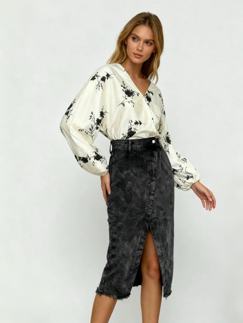 Gonna in Denim Donna con Spacco, Orlo Sfilacciato Elasticizzato,