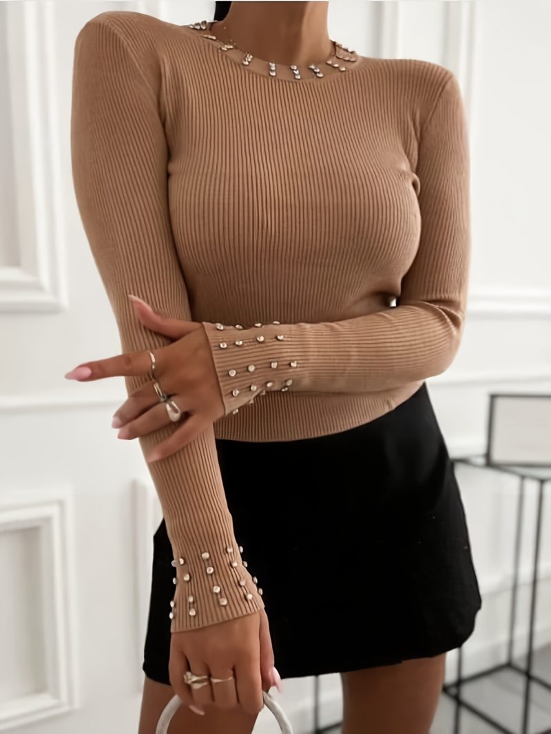 Maglia Elegante Donna con Perline a Manica Lunga Autunno/Inverno,