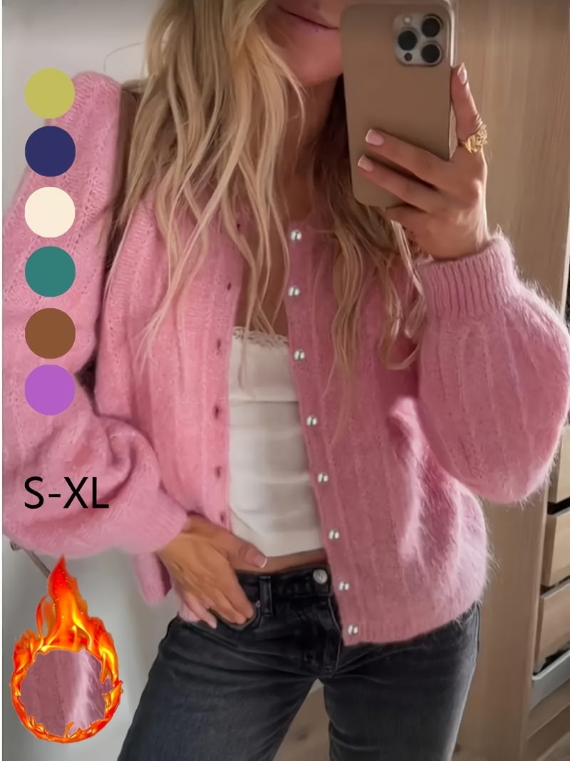 Cardigan elegante da donna BK0722067 con bottoni e perle rosa