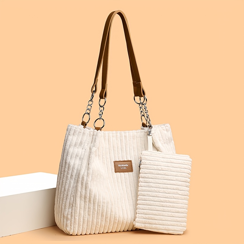 Set di due pezzi: borsa tote alla moda in velluto a coste, realizzata in tessuto morbido,