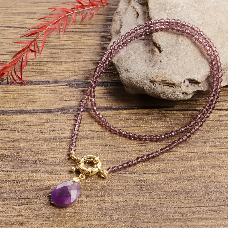Collana con Ametista Sfaccettata e Perline con Pendente a Goccia | Gioiello Elegante e Unico in Pietra Naturale, Unisex, Perfetta per Tutti gli Anni, Ideale per l'Uso Quotidiano e Regali di Festa, Perfetta per San