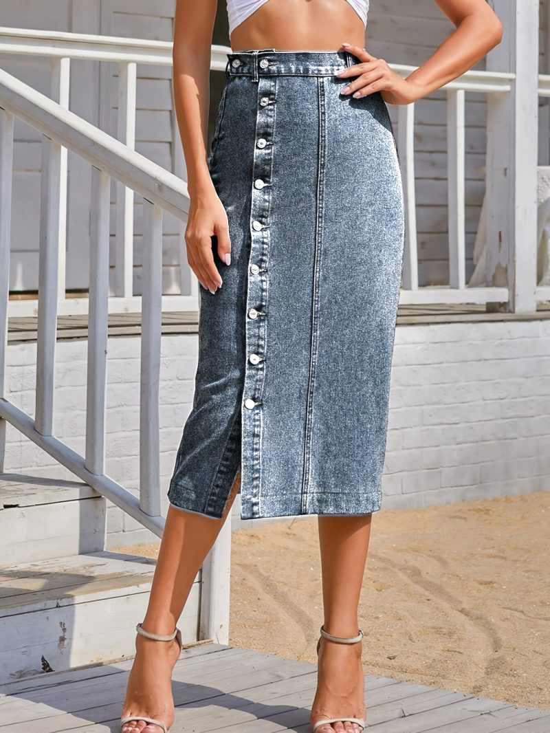 Gonna in denim da donna con cintura abbottonata