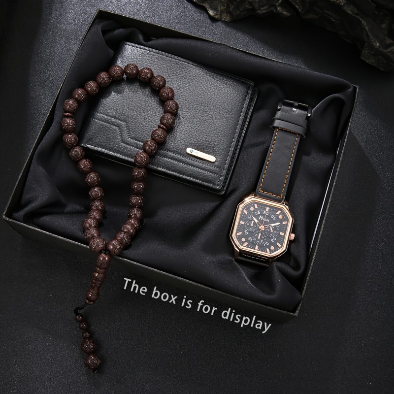Set da tre pezzi alla moda per uomo: orologio, portafoglio e rosario. Combinando praticità e stile