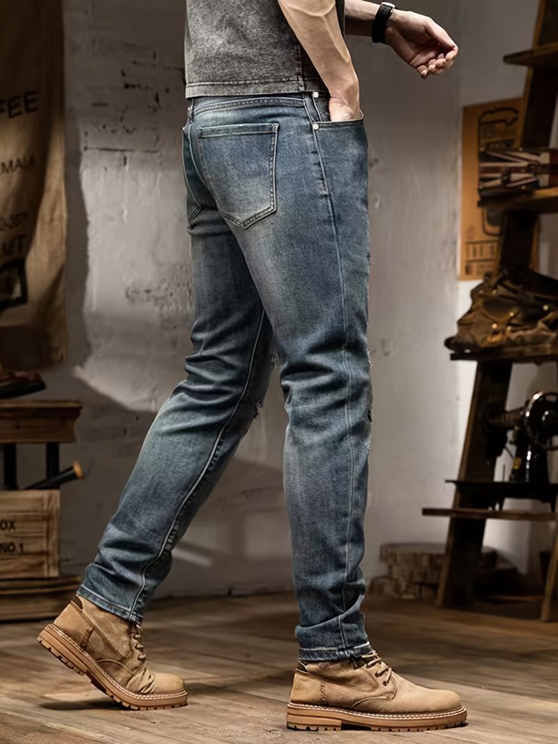 Pantaloni lunghi da uomo in denim stretch, stile streetwear, jeans blu sbiaditi,