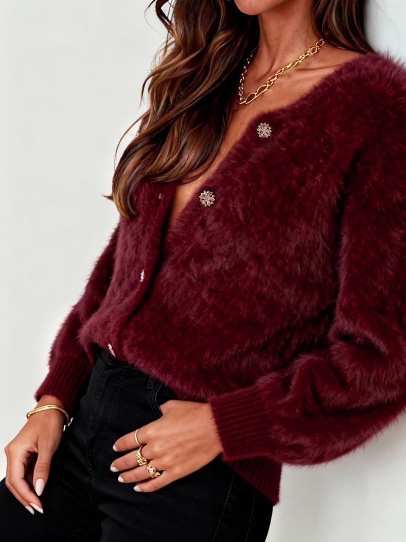 Cardigan unici da donna, con un design a collo rotondo color vin rosso.