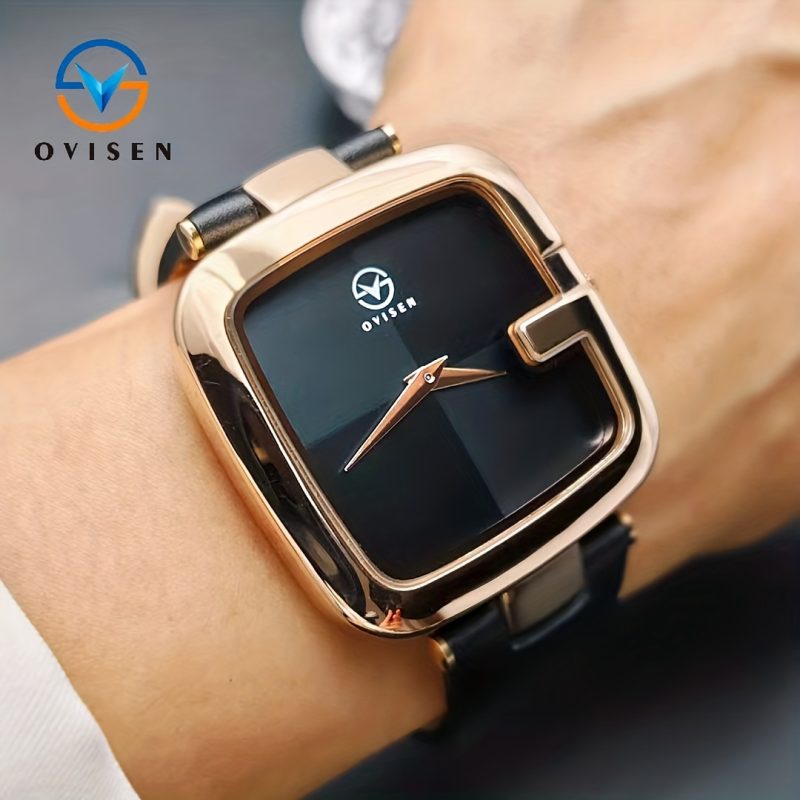 Orologio Custodia quadrata elegante color oro rosa con linee morbide, robusta cinturino in ecopelle nera,