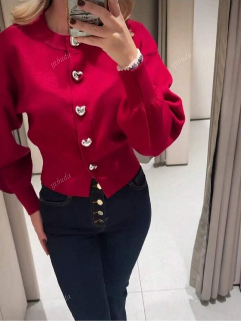 Cardigan Vintage Elegante con Bottoni a Cuore, Taglio Largo, Rosso,