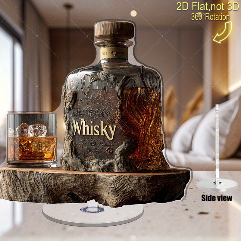 Set Bottiglia da Whisky in Acrilico Piatto 2D con Coperchio in Legno e Bicchiere - Bicchiere da Whisky Rotante Adatto per Decorazione Ufficio o Cave - Regalo Unico per Marito, Amanti del Whisky (Ornamento Stampato Piatto 2D), Piatto 2D